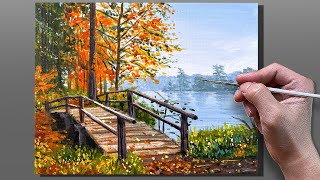 Acrylic Painting Autumn Bridge  Landscape [upl. by Damick502]