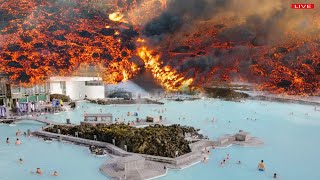 Horrifying today Live footage of Icelandic Volcanos hellish lava breaching Blue Lagoons defenses [upl. by Suirtemed90]