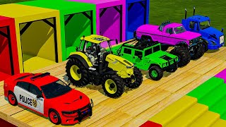 TRANSPORTING FIVE COLOR DODGE LAMBORGHINI VOLKSWAGEN CHARGER MINI RIGITRAC Farming Simulator 22 [upl. by Olyhs]