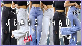 BEST TRENDY HIGH WAIST JEANS HAUL PART 2  FLARED WIDELEG  HampM Zara  TryOn Haul  Neha Baid [upl. by Riehl]