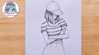 How to draw A girl is standing with her arms folded  Hidden face with a Cap  Pencil Sketch [upl. by Davon]