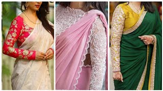 Plain saree styles with designer full sleeve blouse designs [upl. by Attaynik]