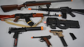 BlowBack AK47 Airsoft Toy Gun  Bolt Action Sniper Rifle  M16 Assault Rifle  P90  Mac10  Glock26 [upl. by Aizirk]