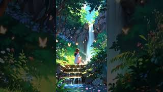 Mountain waterfall flowing trees alone girl butterflies scene newshorts youtubeshortsviralshorts [upl. by Kimberley642]