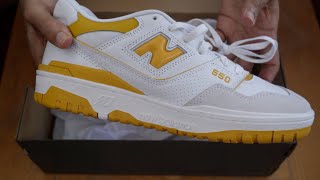 New Balance 550 Sea Salt quotVarsity Goldquot Review  Sizing  Yellow [upl. by Madanhoj376]