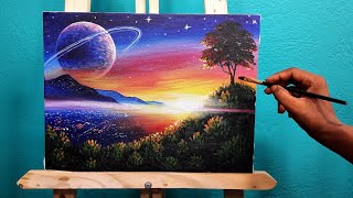 Sunset on the mountain city Acrylic painting  nature drawing for beginners [upl. by Eimor288]