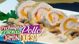 Pechugas de pollo rellenas con jamón y queso en salsa de champiñones  Recetas paso a paso [upl. by Nedroj]