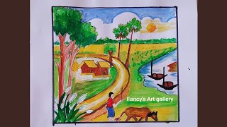 Beautiful village scenery painting  Nature drawing painting  Village sketch drawing [upl. by Ademordna]