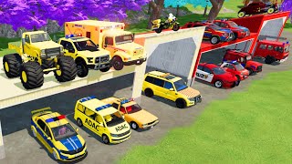 TRANSPORTING CARS AMBULANCE POLICE CARS FIRE TRUCK MONSTER TRUCK OF COLORS WITH TRUCKS  FS 22 [upl. by Cida]