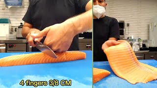 How to cut Salmon block for Nigiri Sushi Shorts nigiri sushi [upl. by Epul]