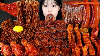 ASMR MUKBANG 직접 만든 불닭 짜장 버섯 양념치킨 소세지 먹방 amp 레시피 SPICY MUSHROOMS AND FIRE NOODLES EATING [upl. by Amerd]