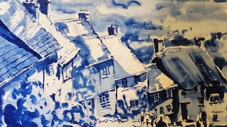 Gold hill Shaftesbury painted in Dorset Blue watercolour [upl. by Alemrac]