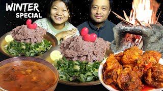 Outdoor Cooking amp Eating  Nepali Authentic Food Mukbang  Eating Dhido Gundruk amp Chicken Curry [upl. by Ihab]