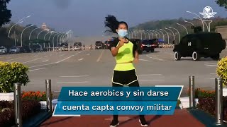 Se viraliza video de mujer haciendo ejercicio durante golpe de Estado en Birmania [upl. by Nonnelg]