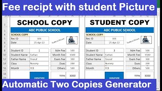 How To make school fee receipt with student picture full automatic in excel [upl. by Eseeryt]