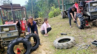 The girl went to change the tire of the village car to carry wood for the neighbor repair girl [upl. by Phelan]