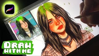 Draw With Me Billie Eilish Fanart with Green Hair 💚 iPad Drawing with Procreate  chill drawing [upl. by Eelorac]