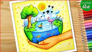 How to draw world wetlands day drawing  wetlands day poster making idea [upl. by Corotto338]