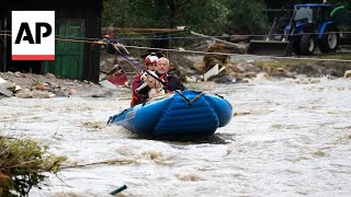 Floodwaters turn roads into rivers in town of Jesenik Czech Republic [upl. by Euqitsym]