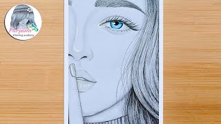 How to draw a beautiful blue eyed girl Pencil Sketch  She is staring sadly with her finger on lips [upl. by Nnylav]