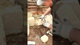 Hand shaping sandstone to create the perfect wall stonewalling stonemason canberra [upl. by Atikahc]