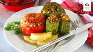 Gemista  Greek traditional recipe for stuffed vegetables with rice vegan version  Fresh Piato [upl. by Pearle802]