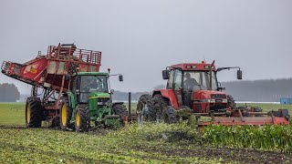 2 fasen bieten rooien  Case Maxxum 5150 amp John Deere 6610  Moreau ontbladeraar en WKM bietenrooier [upl. by Ennazus]