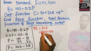 given demand amp cost function find price function total revenue function amp profit Maximizing output [upl. by Loise]