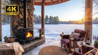 Cozy Winter Lakeside Ambiance 4K UltraHD Fireplace and Birdsong for Sleep and Relaxation [upl. by Ydnak595]