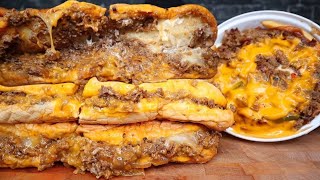 ASMR NO TALKING EXTRA CHEESY PHILLY CHEESESTEAKS PHILLY CHEESESTEAK POUTINE AND ONION RINGS [upl. by Ybsorc]