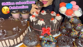 ASMR 🎊 3MILLION CELEBRATIONCHOCOLATE CAKECHOCOLATE DONUTMACARONCHOCOLATE BALLS EATING SHOW [upl. by Nessa]