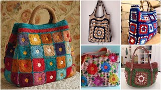 Granny crochet square pattern multicoloured baghandbagshoulder bag designs [upl. by Enorahs]