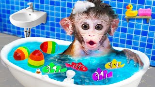 Monkey Baby Bon Bon opens surprise colorful eggs nemo fish with ducklings at the pool  Kudo maymun [upl. by Muriel]