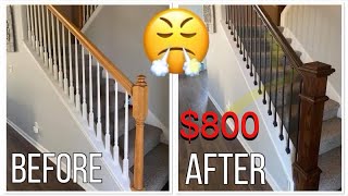 DIY Staircase Railing Remodel  Full Video [upl. by Kaasi760]