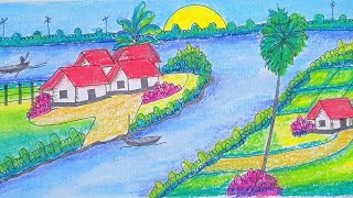 How to Draw Beautiful Village Scenery With Landscapes Prakritik drishya drawing [upl. by Ihteerp]