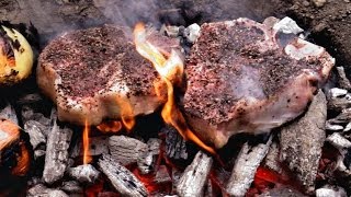 Caveman Steak Recipe  Cooked directly on the coals [upl. by Charin]