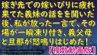 嫁ぎ先での嫁いびりに疲れ果てた義妹の話をを聞いた後、私が放った一言で、その場が一瞬凍り付き、義父母と旦那が怒鳴りはじめた！【スカッとじゃぱん】 [upl. by Aggappe512]