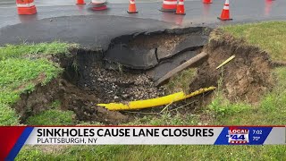 Thursday storms causes sinkholes amp plane damage in Plattsburgh [upl. by Onirotciv]