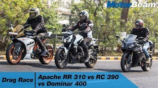 Apache RR 310 vs KTM RC 390 vs Dominar 400  Drag Race  MotorBeam [upl. by Relyhcs770]