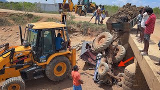 Powertrac Euro 50 Tractor Accident on Risky canal Bridge Pulling Out by 2JCB 3DX [upl. by Oniotna]