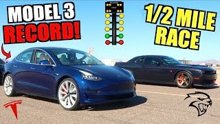 I Set the Tesla Model 3 12 Mile Record Racing a Challenger Hellcat [upl. by Ytsim542]