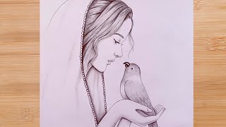 How to draw A girl with a parrot  step by step  Pencil Sketch for beginners [upl. by Wasserman]