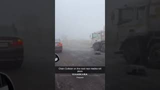 Chain collision 😮Road Accidentmadina roadaccdient fog shortsviralvideo youtubeshorts [upl. by Pudens]