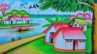 Simple Village Scenery Drawing  Prakritik Drishya Drawing Village  How to Draw Natural Scenery [upl. by Oza774]