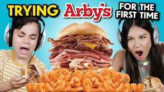 Teens Try Arbys for the First Time Meat Mountain Classic Roast Beef Sliders Shakes [upl. by Ahsimik]