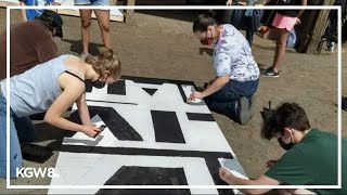 BLM Pride flags built in view of Newberg High School to protest school ban [upl. by Zertnom]