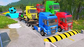 Double Flatbed Trailer Truck vs Speedbumps Train vs Cars  Tractor vs Train BeamngDrive 050 [upl. by Daffy]