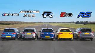 AMG A35 v BMW M140i v Golf R v Audi S3 v Focus RS  DRAG RACE ROLLING RACE amp BRAKE TEST [upl. by Nac]