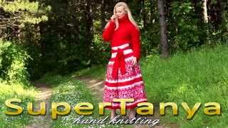 21052014 Hand Knitted White Red rich decorated long dress Tneck by SuperTanya [upl. by Parhe]