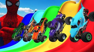 5 MONSTER TRUCK VS COLOR WATER SLIDE STORY [upl. by Lytton]